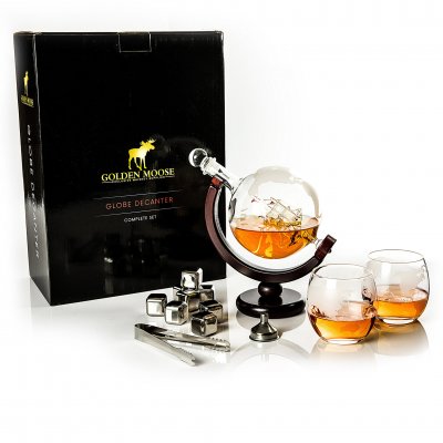 Whiskey Decanter Globe with 2 glasses & 8 whiskey stones, 0,85 litre