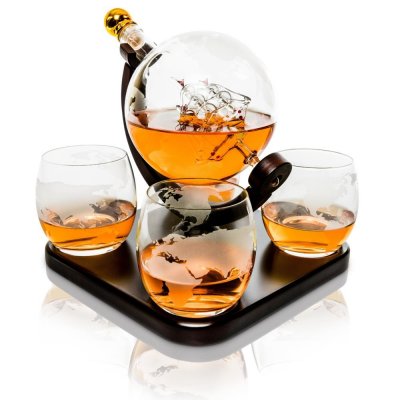 Whiskey Decanter Globe with 4 glasses & wooden base