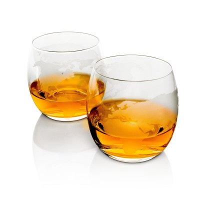 Whiskey Decanter Globe with 4 glasses & wooden base
