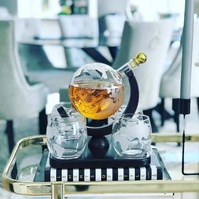 Whiskey Decanter Globe with 4 glasses & wooden base